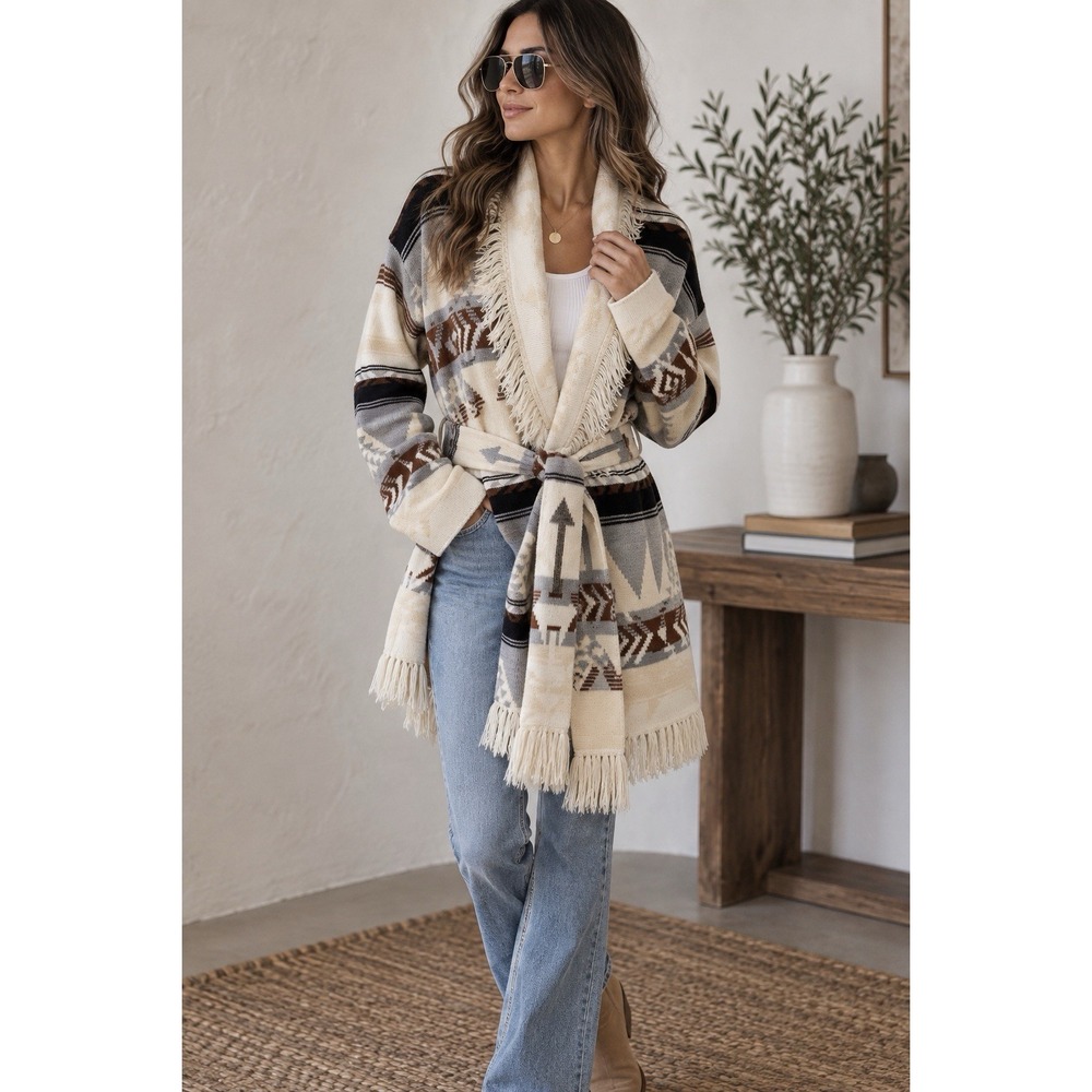 Torn by Ronny Kobo Boston Proper Aztec Fringe Cardigan Sweater Cream Belted